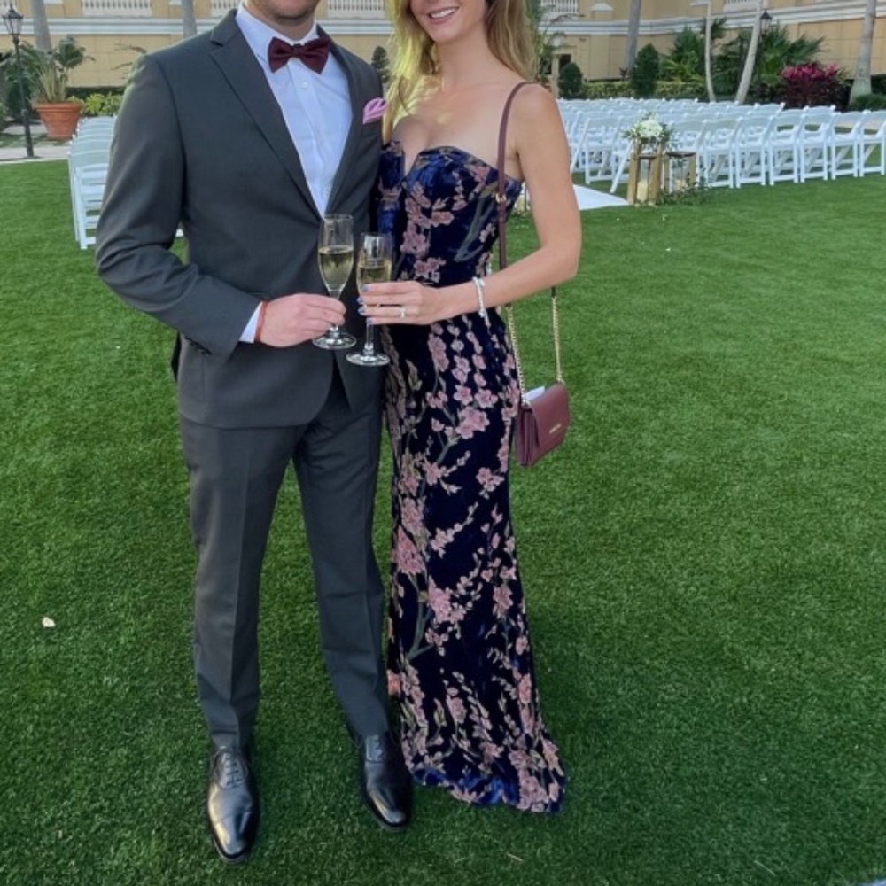 Navy Blue Floral Print Velvet Strapless Maxi Dress